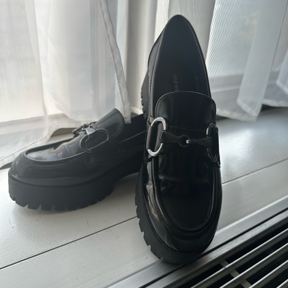 Nine West Black Patent Leather Lug Sole Loafers